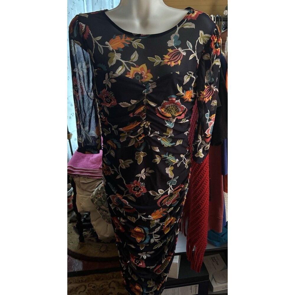 NWT DNA Couture Size Large Ruched Floral Dress Lined 32” Bust Navy Stretchy